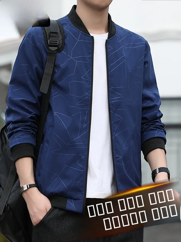 

Spring Autumn Men's Baseball Collar Jaet Casual Trendy Top Busin Youth Slim Fit Outerwear Polyester Fiber Long Sve Zi...