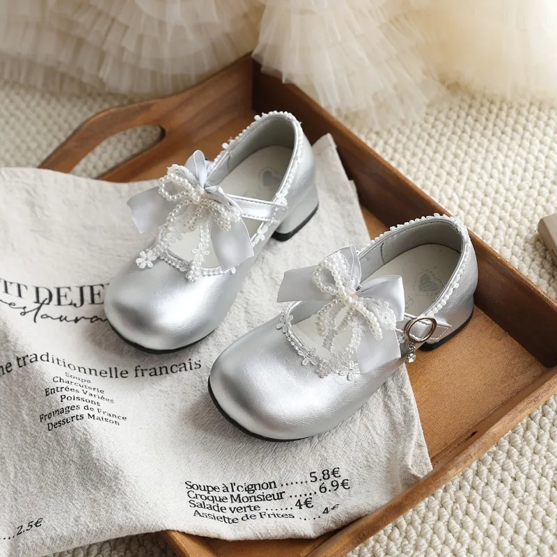 Mumoresip Sweet Children's Princess Mary Jane Shoes Pearl Lolita Bow Kids Dress Low Heels PU Leather Girls Wedding Party Shoes