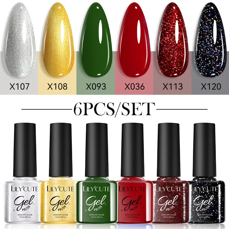 Lilycute 6 Stks/set Kleurrijke Gel Nagellak 7Ml Zwart Wit Rood Glitter Manicure Langdurige Doorweekt Van Nail Art Gel Vernis Kit