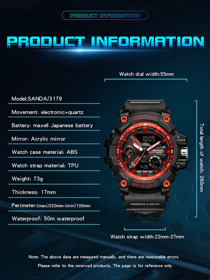 SANDA 3179 Digital Mens Military Watch 50M Waterproof Watch Dual Display Quartz Sports Watch For Men Luminous