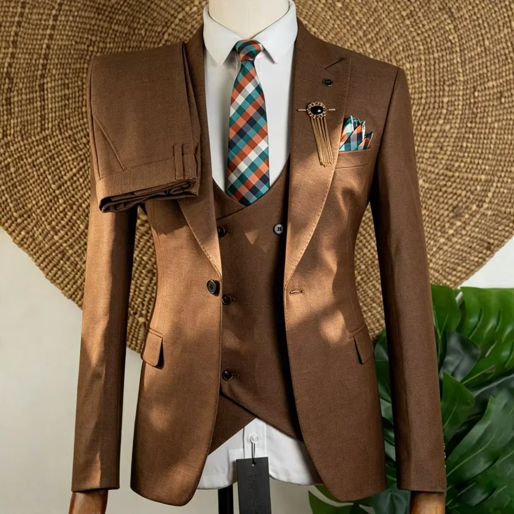 Elegant Suits For Men 3 Pieces Jacket Vest Pants Sets Single Breasted Notch Lapel Business Wedding Groom Daily Costume Homme