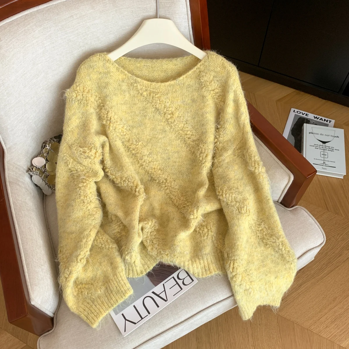 

Women's Yellow Pullover Sweater Y2k Vintage 2000s Jumper Knit Long Sleeves O-Neck Oversize Cashmere Sweater Autumn Winter 2025