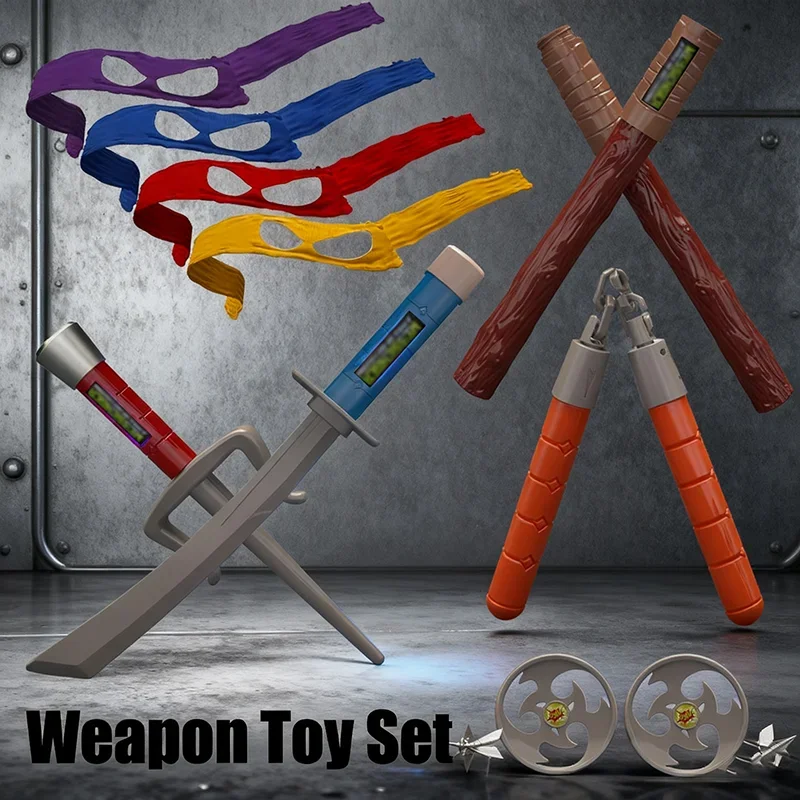 Conjunto de Fantasia de Ninja com Máscara para Brincadeiras de Faz de Conta, Festa a Fantasia, Cosplay, com Espadas, Nunchakus e Estrelas de Arremesso