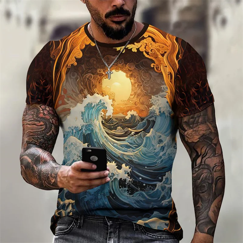 

Sea Wave Pattern Men's T-Shirtu Mountain Sun 3d Printed Tees Summer Casual Team Neck Neck Short Sleeve Boy Tee Shirt Tops