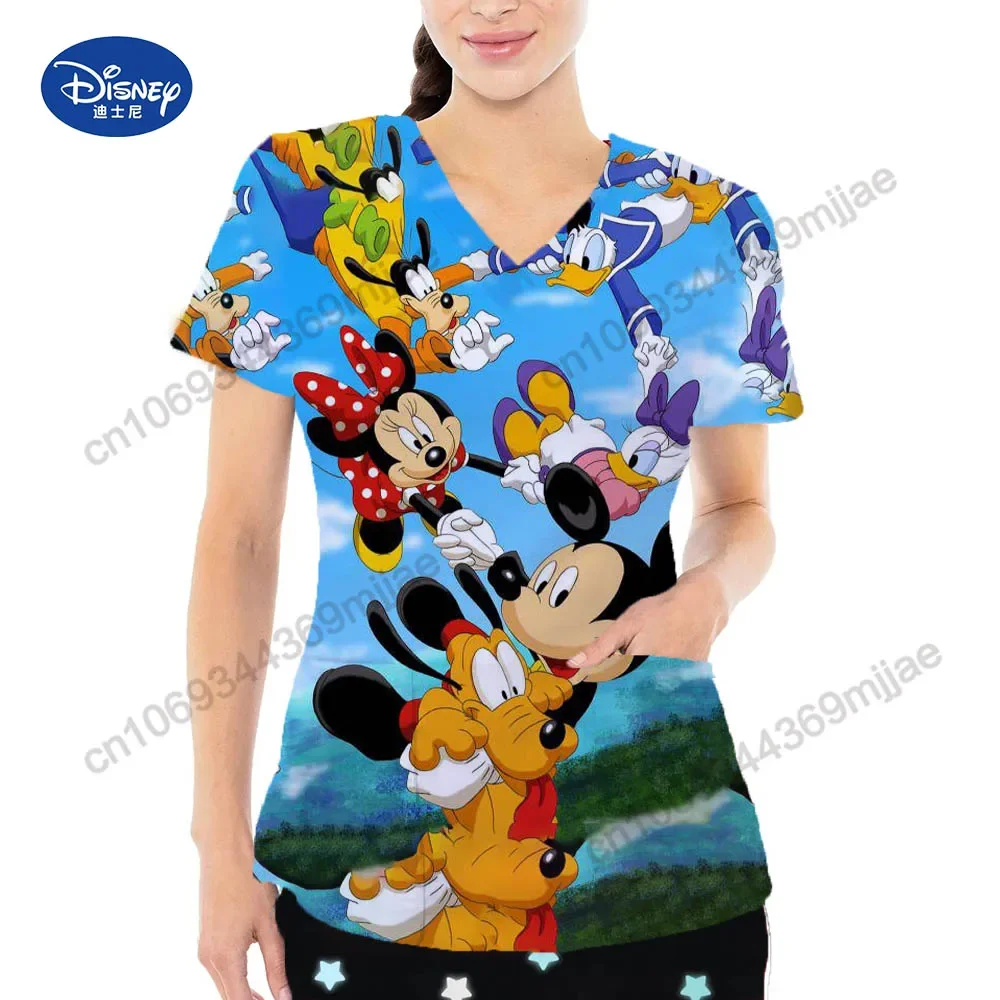 2024 New Double Pocket Fashion Casual Nurse Uniform V-neck Design T-shirt Disney Cartoon Print Pattern Short Sleeve T-shirt