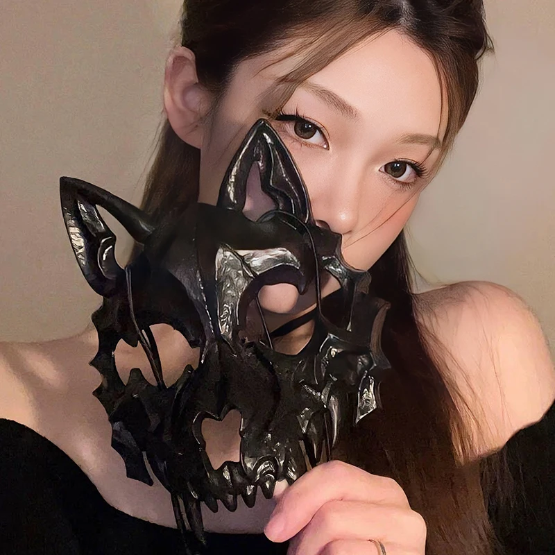 قناع الهالوين نصف الوجه التأثيري Dragon God Fierce Tiger Night Fork Tengu Man Wolf Performance Skull Mask للبالغين #2