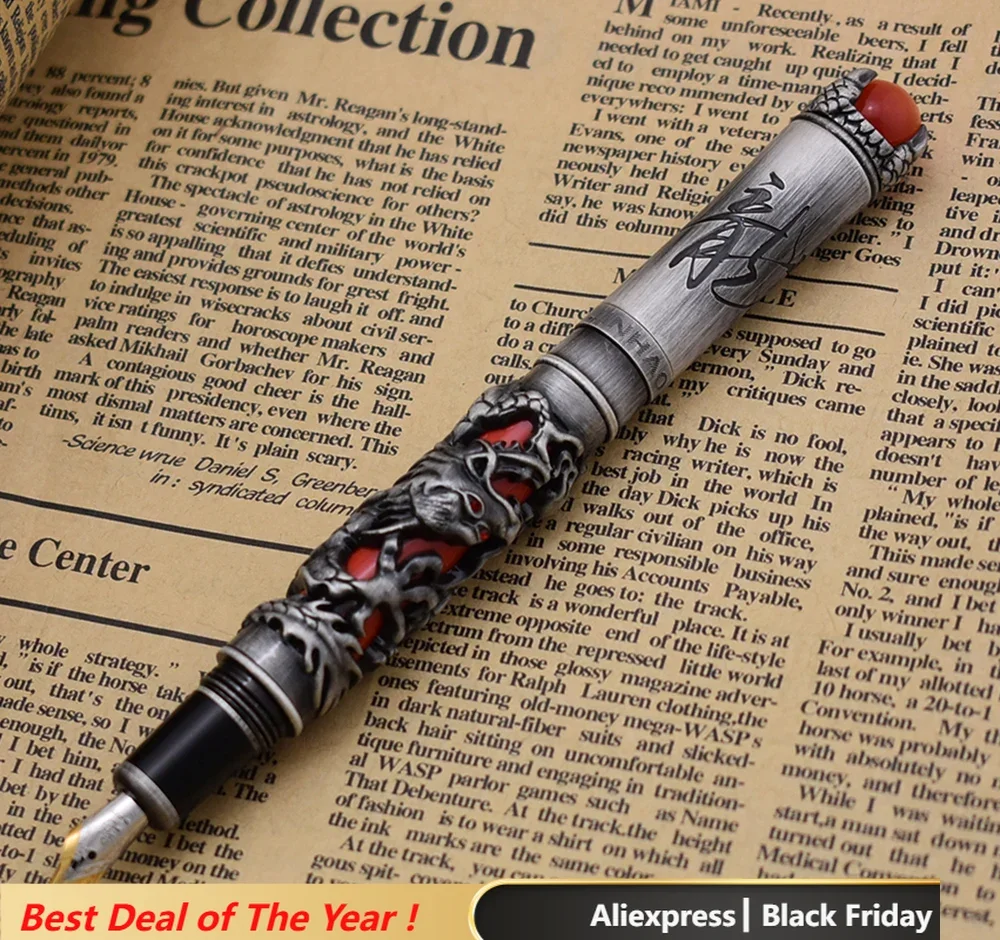 New Jinhao Dragon King Vintage Fountain Pen, Unique Metal Embossing Hi-tech, Gray & Red Color Business Office Home Supplies