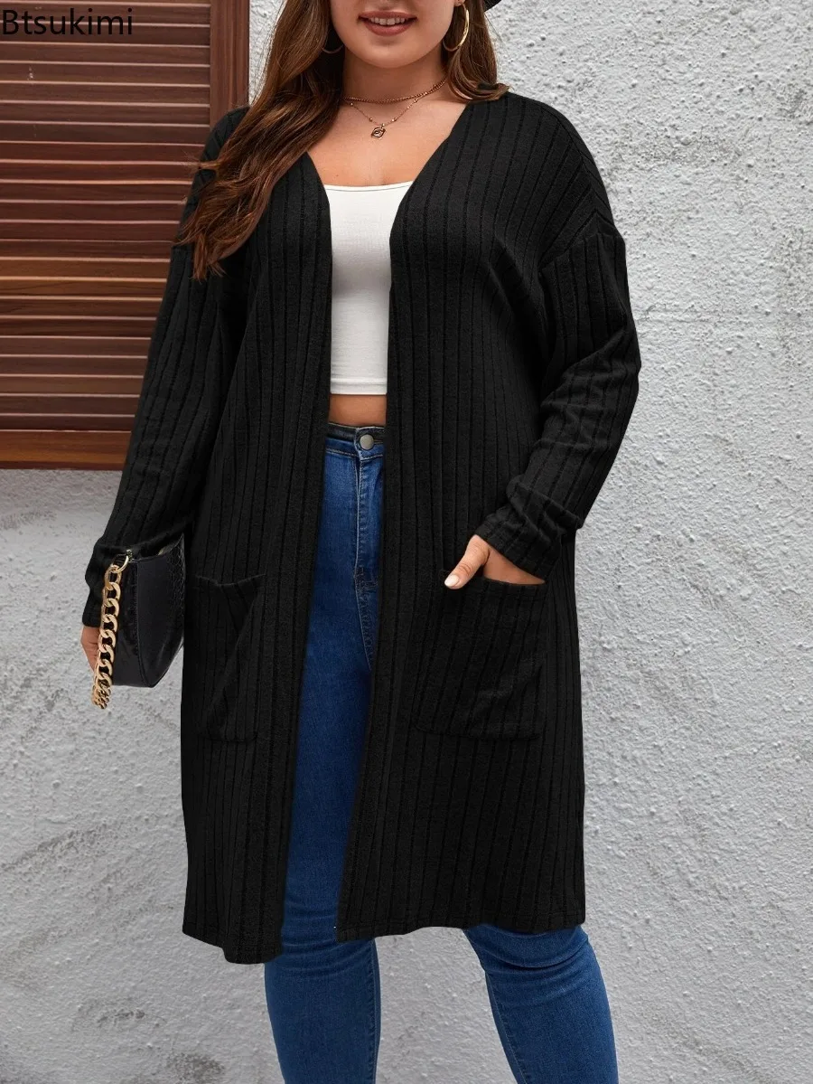 2024 Women\'s Knitted Plus Size Outwear Cardigans Jacket Fall Winter Clothes Knitted Coat Fashion Long Top with Pockets Wholesale