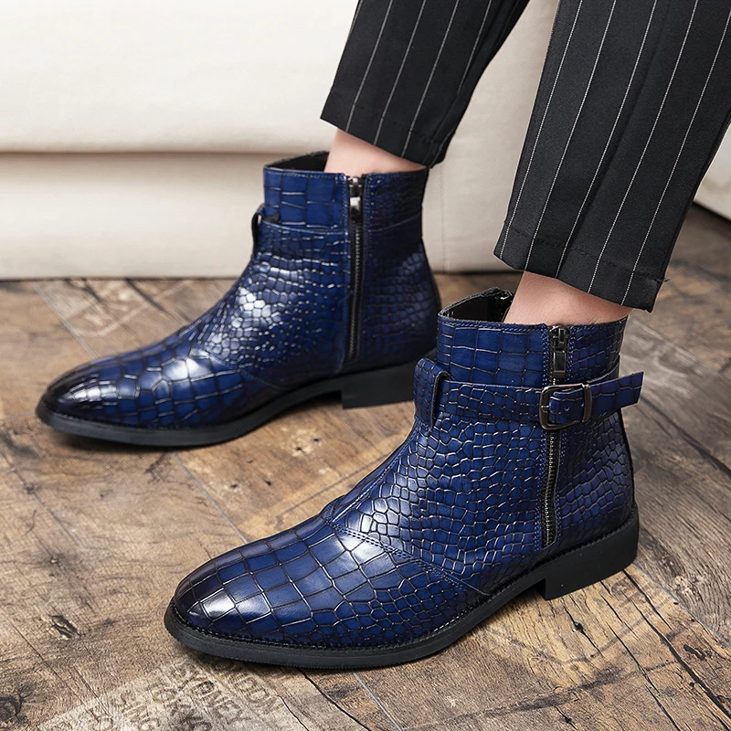 Ankle Boots for Men Blue Black Business Round Toe Zipper Pu Mens Boots Free Shipping Size 38-48  Motorcycle Boots