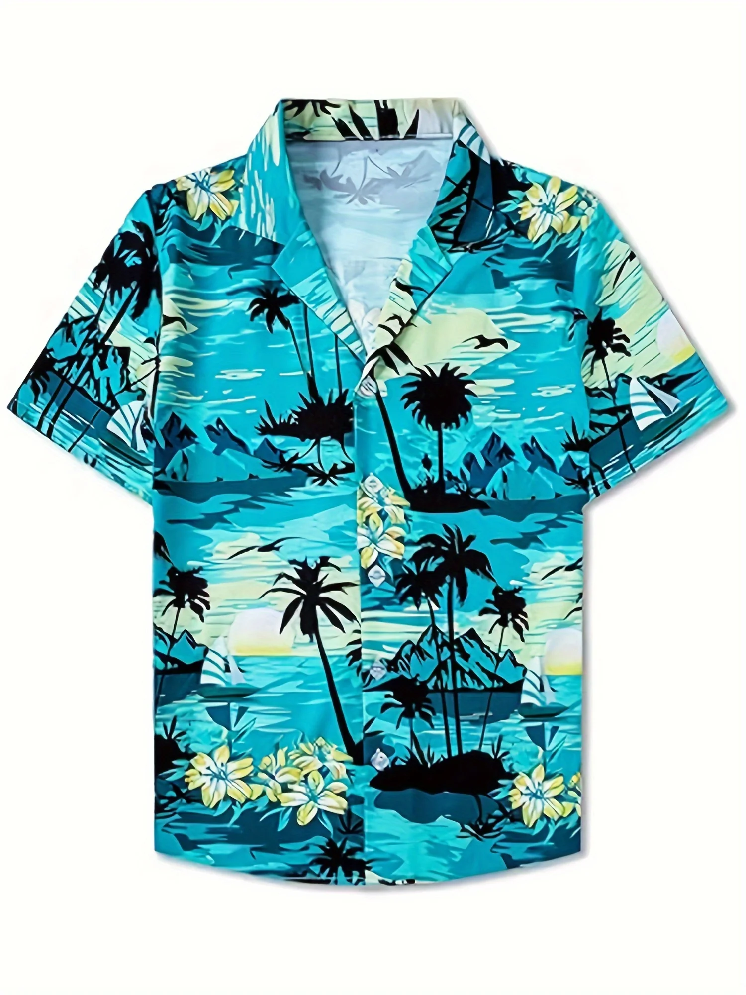 Boy's Hawaii Beach Tree 3D Print Shirt Short Sleeve Causal Front Button Summer Casual Shirt for Boy Outerwear Children's Shirt