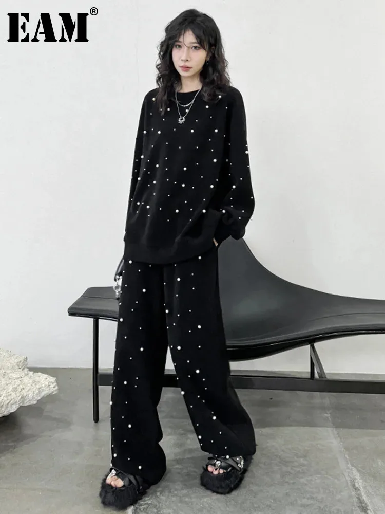 

[EAM] Nailed Big Size Sweatshirt Wide Leg Pants 2 Pcs Suit New Round Neck Long Sleeve Women Fashion Spring Autumn 2024 1DH4795