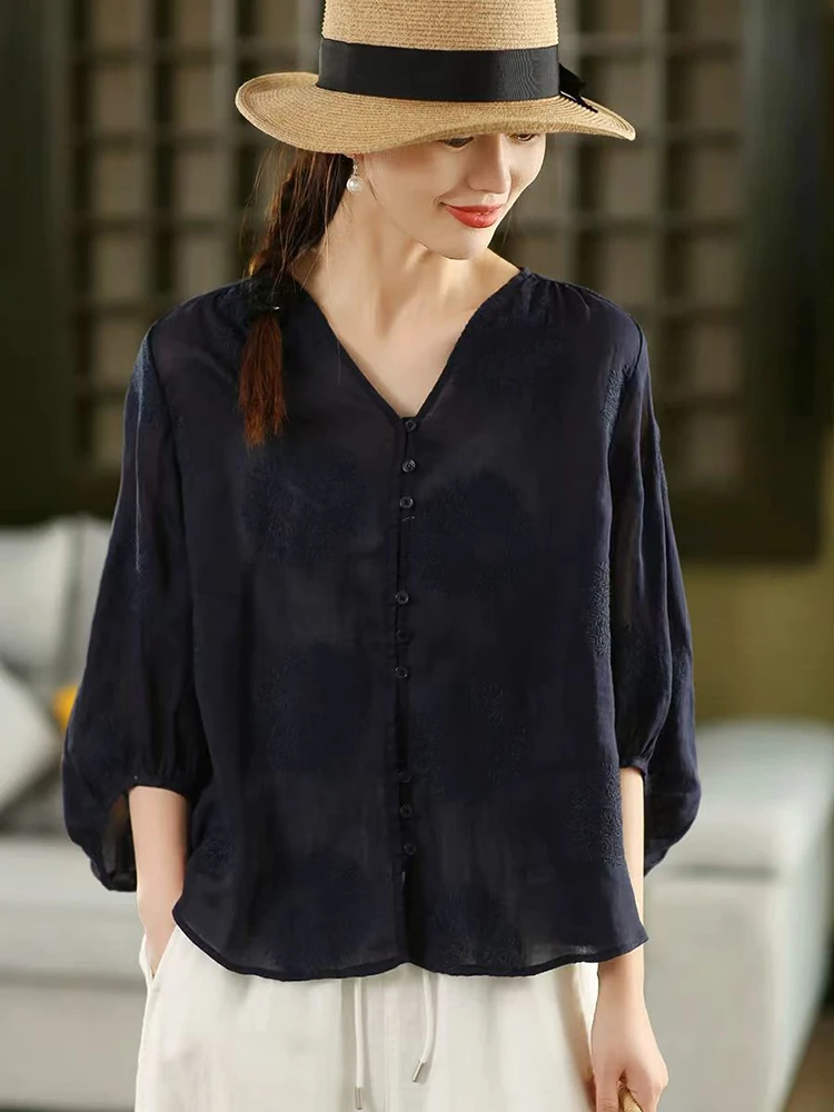 100% Ramie Frauen Casual Shirt Neue Ankunft 2025 Sommer Vintage Stil V-ausschnitt Floral Stickerei Lose Weibliche Tops Shirts M1691
