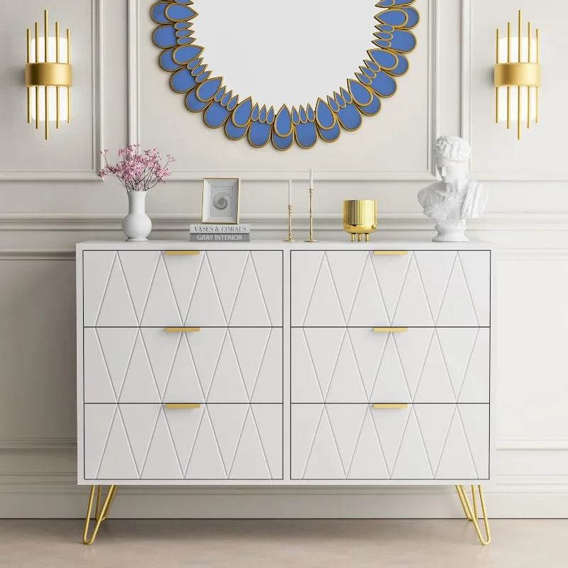 

6 Drawer Dresser for Bedroom, White Chest of Drawers Wide Double Dresser Wood Storage Cabinet with Gold Handles