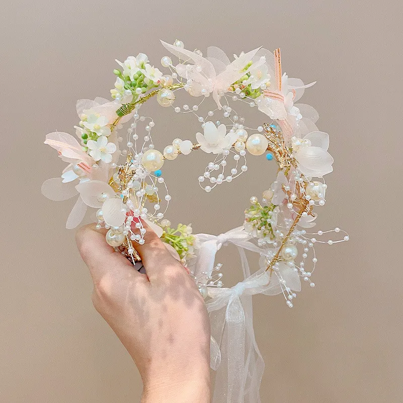 Elegant Pearl Crowns Flower Wreath Headband Girls Bridal Hair Headdress Bride Garland Head Hoop Wedding Headbands Hair Jewelry