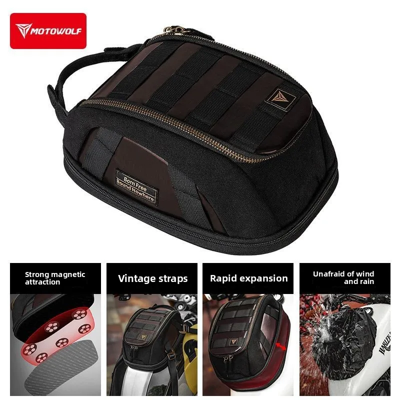 Motowolf Magnetic Motorcycle Tank Bag Expandable Waterproof Retro Leather Motorbike Fuel Tank Pack Touring Travel