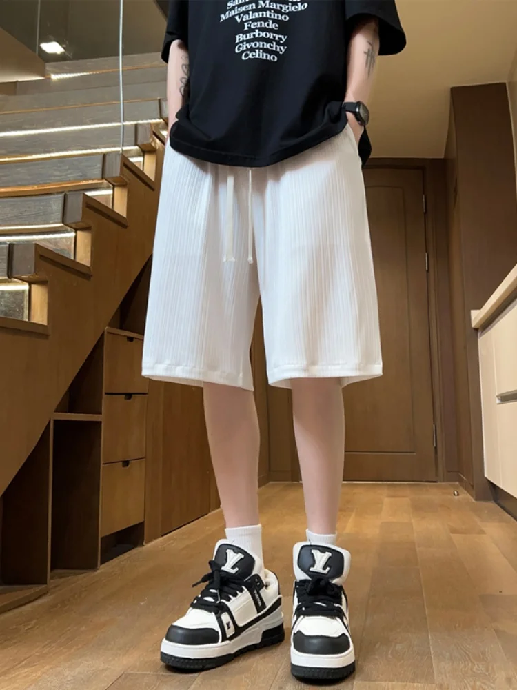 

White Ice Silk ort Pants Set Men's Summer Thin Loose Drapey Sport Pants American Baskeall Pants Trendy Straight Leg Fit