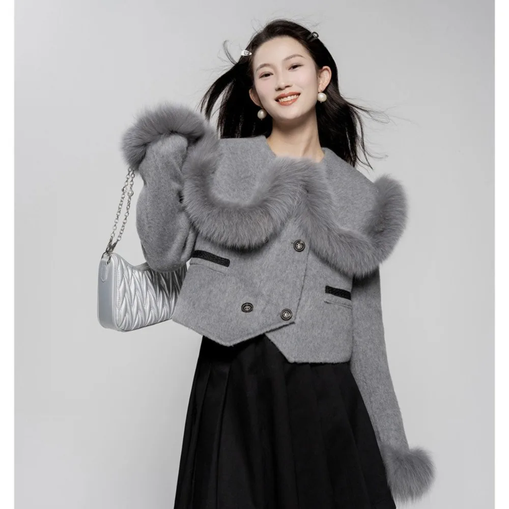 2024 New Autumn Winter Real Fox Fur Woolen Jacket Women Sailor Collar Double Breasted Fur Sleeve Wool Coat Female Fashion Sweet