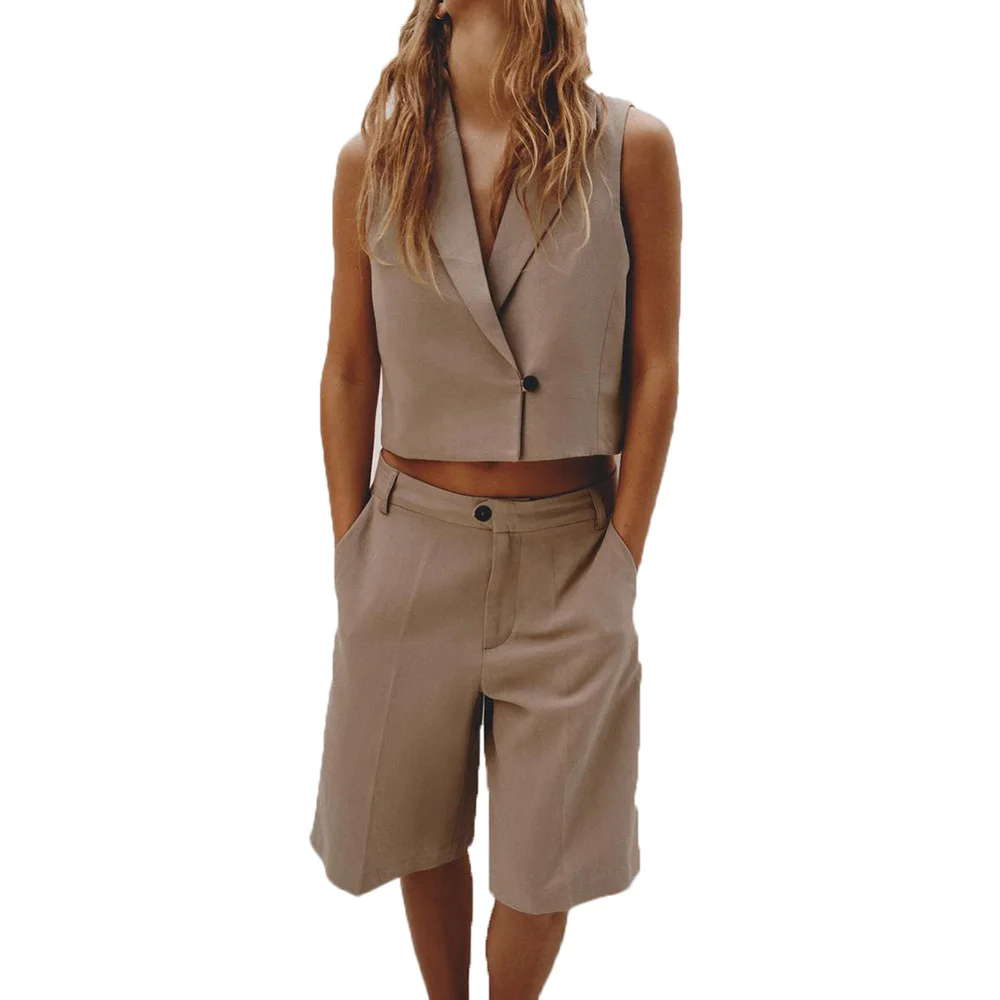 Woman Solid Waistcoat Shorts Set Sleeveless V Neck Buttons Vest Top + Zipper Pockets Commute Elegant Female Short Pant