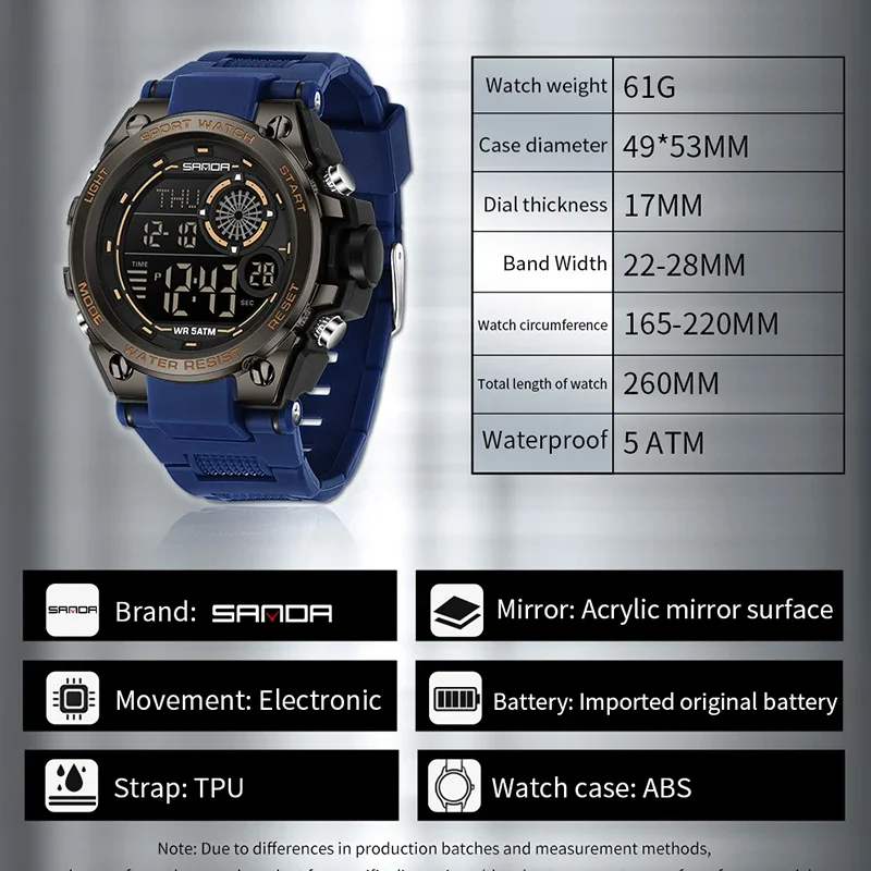 SANDA Nuovo orologio da uomo di lusso di fascia alta Movimento elettronico Conto alla rovescia Impermeabile Luce notturna Orologio multifunzionale per giovani studenti