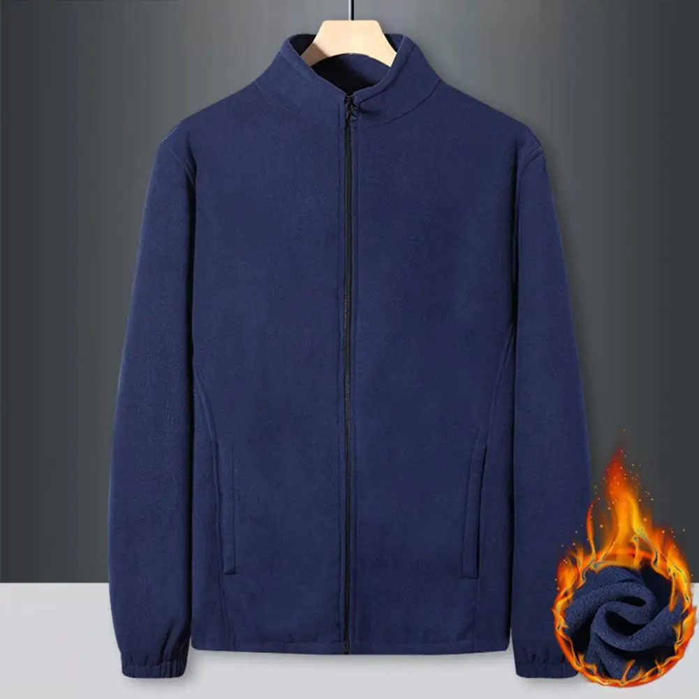 Men Jacket Stand Collar Long Sleeve Solid Color Thickened Coat with Pockets Autumn Winter Casual Zipper Closure Outwear
