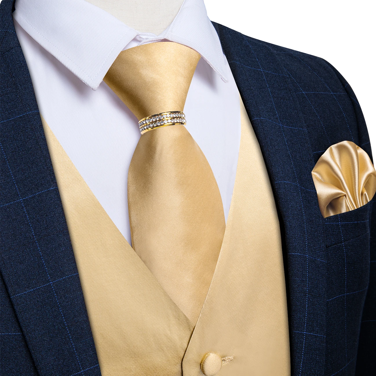 Champagne Solid Satin V-Neck Vest 5Pcs Set Tie Pocket Square Cufflinks Gold Rhinestone Ring For Outdoor Wedding Groom