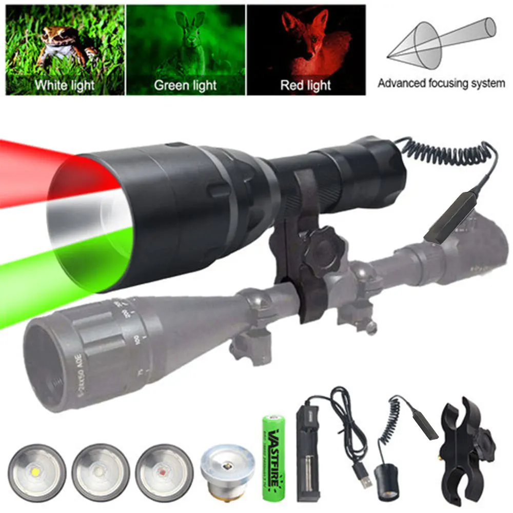 White/XPE Green/Red/IR Flashlight Led Tactical Night Hunting Flashlight Torch Weapon Gun Light+Remote Switch+18650+USB Charger