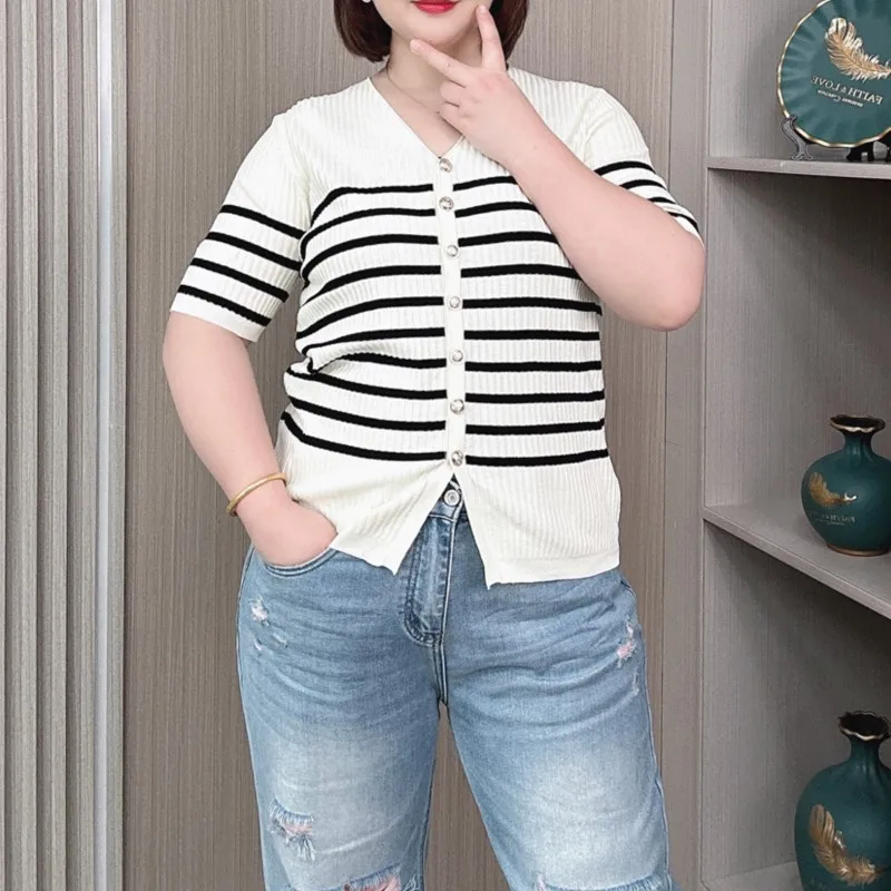 V-neck Ice Silk Knitted Cardigan Tees Women 2024 Summer New Plus Size Casual Thin Short Sleeve T-shirt