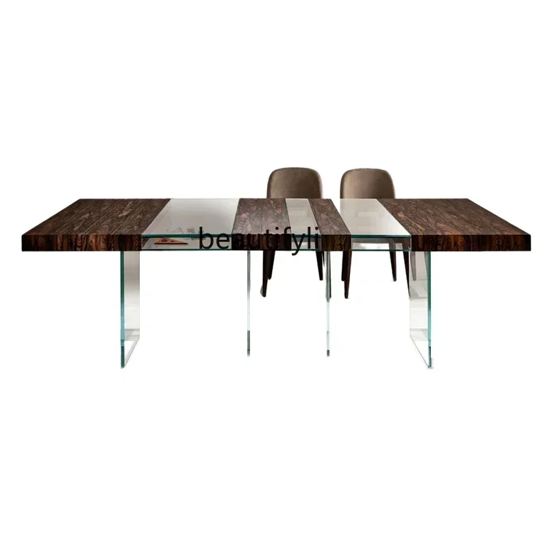 Minimalist Creative Designer Dining Table High-End Affordable Luxury Modern Glass Solid Wood Storage Long Table