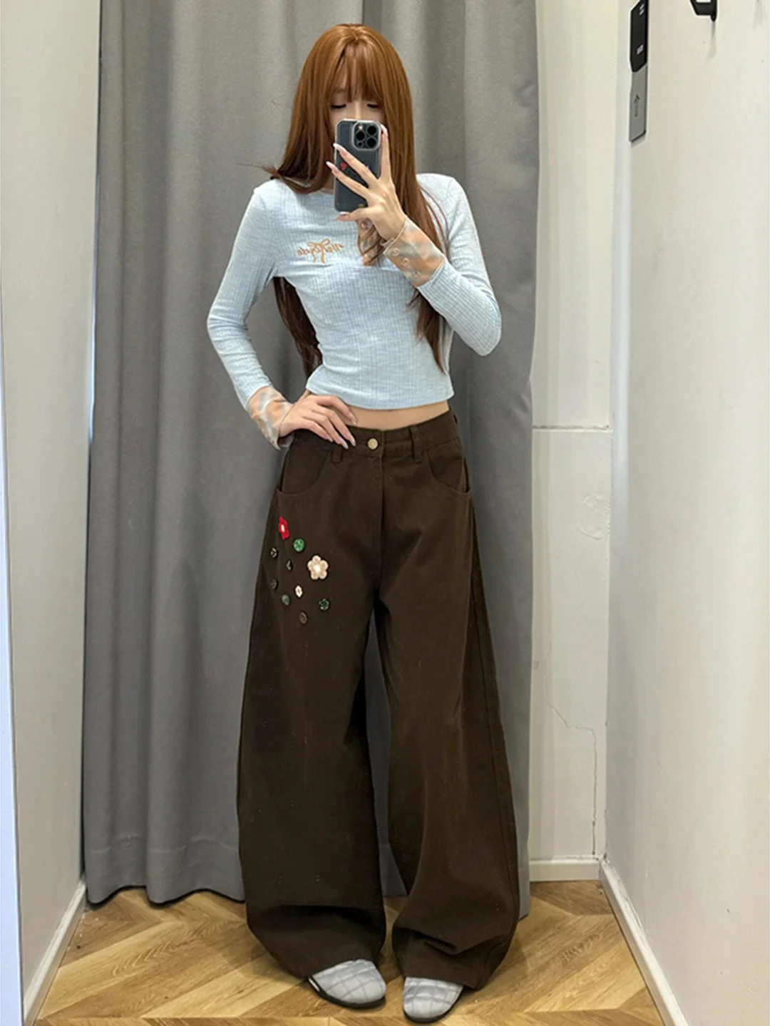 

Retro Coffee Color Floral Buttons Wide Leg Denim Pants Women's Autumn Winter High Waist Loose Drapey Straight Cut Jeans
