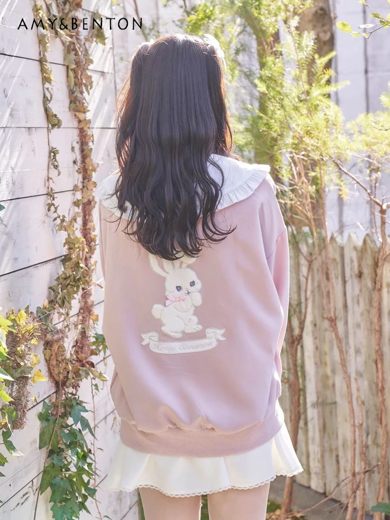 

Japanese Sweet Cute Doll Collar Long-Sleeved Hoodies Women Cartoon Printed Loose Lolita Sweatshirt Preepy Style Kawaii Hoodie