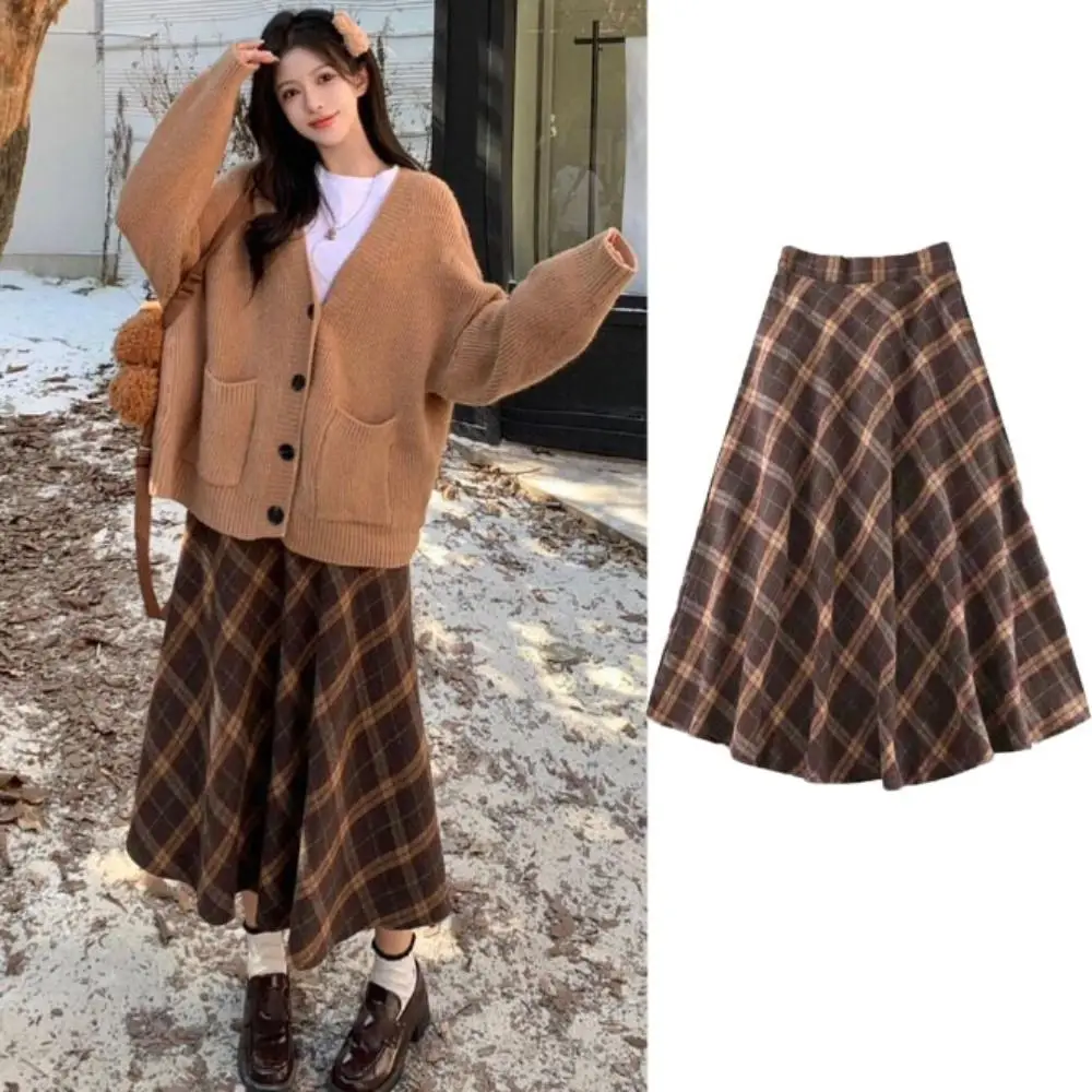 Leisure High Waist Retro Plaid Skirt Slim Fit Classical High Waist Long Skirt Winter Autumu Preppy Style A-line Half Dress Women