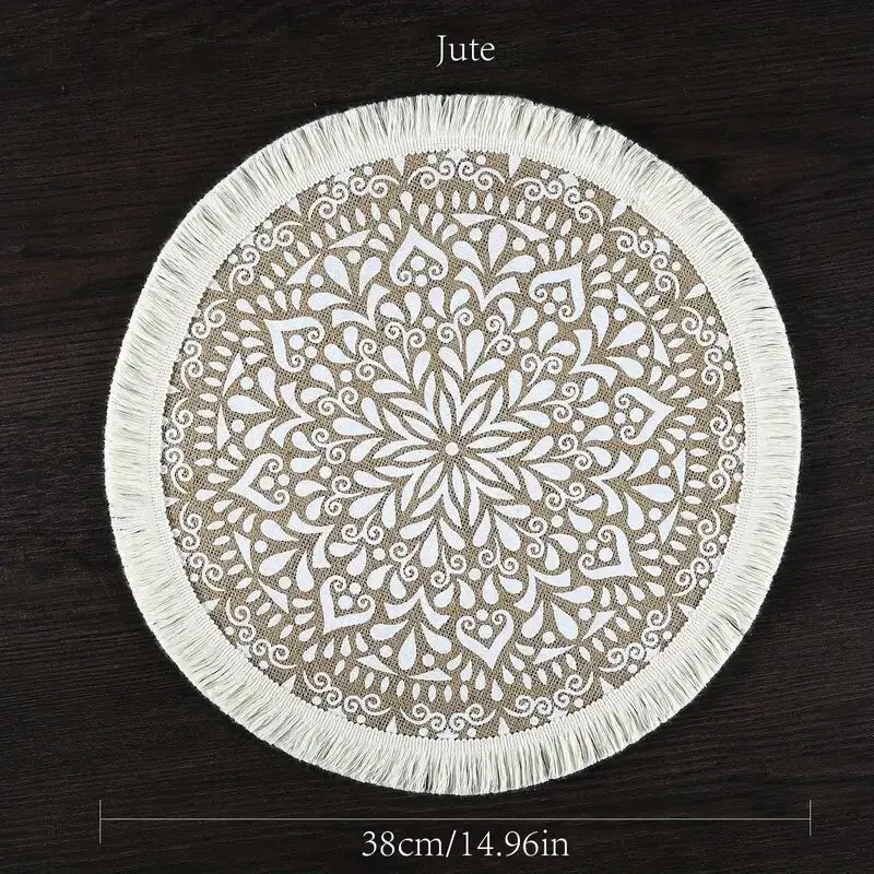 1 Piece Of Jute Fabric Dining Mat, Modern Geometric Pattern Tassel Edge Round Table Pad, for Bedroom, Living Room, Kitchen