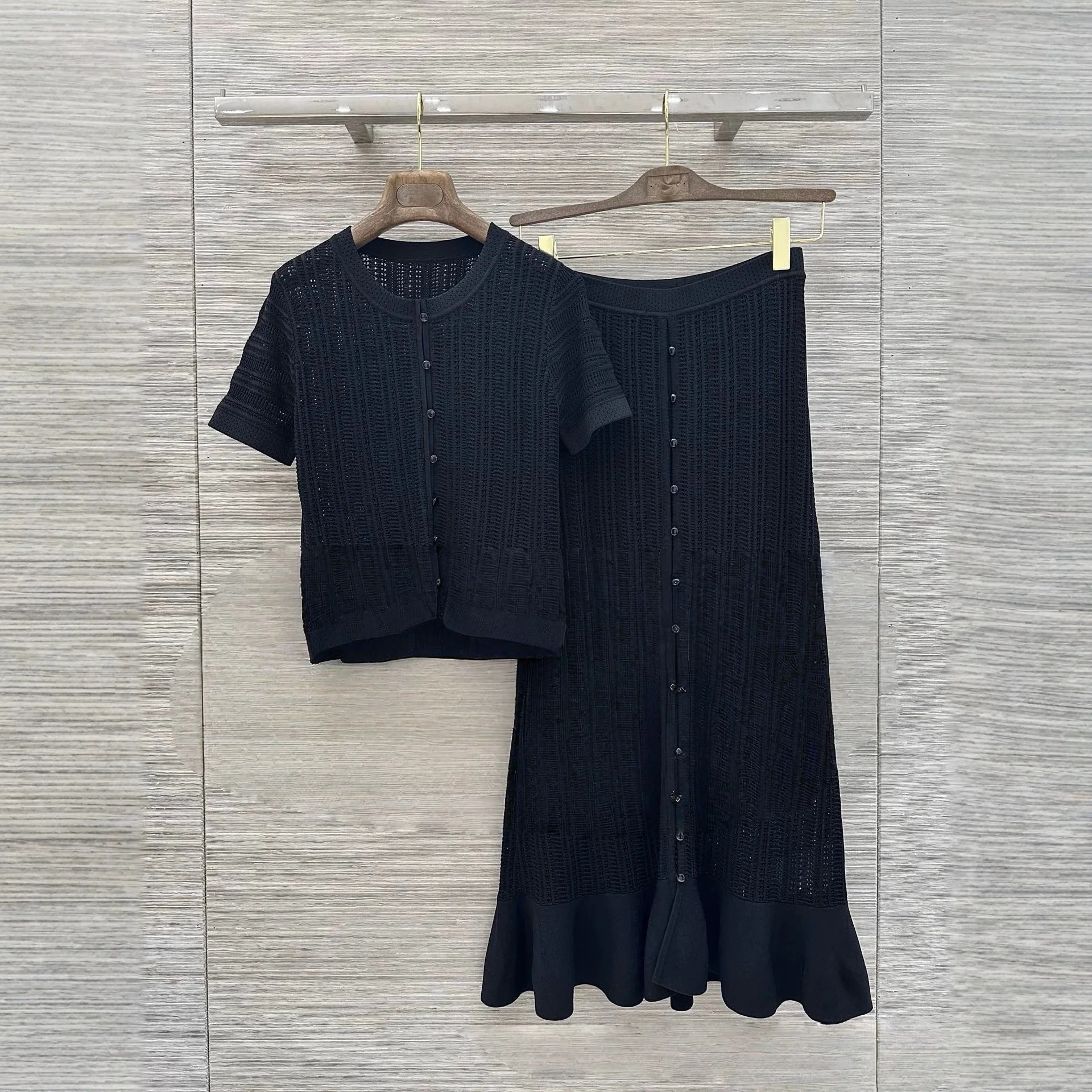 Women Summer Hollow Knit Two-Piece Set With Midi Skirt