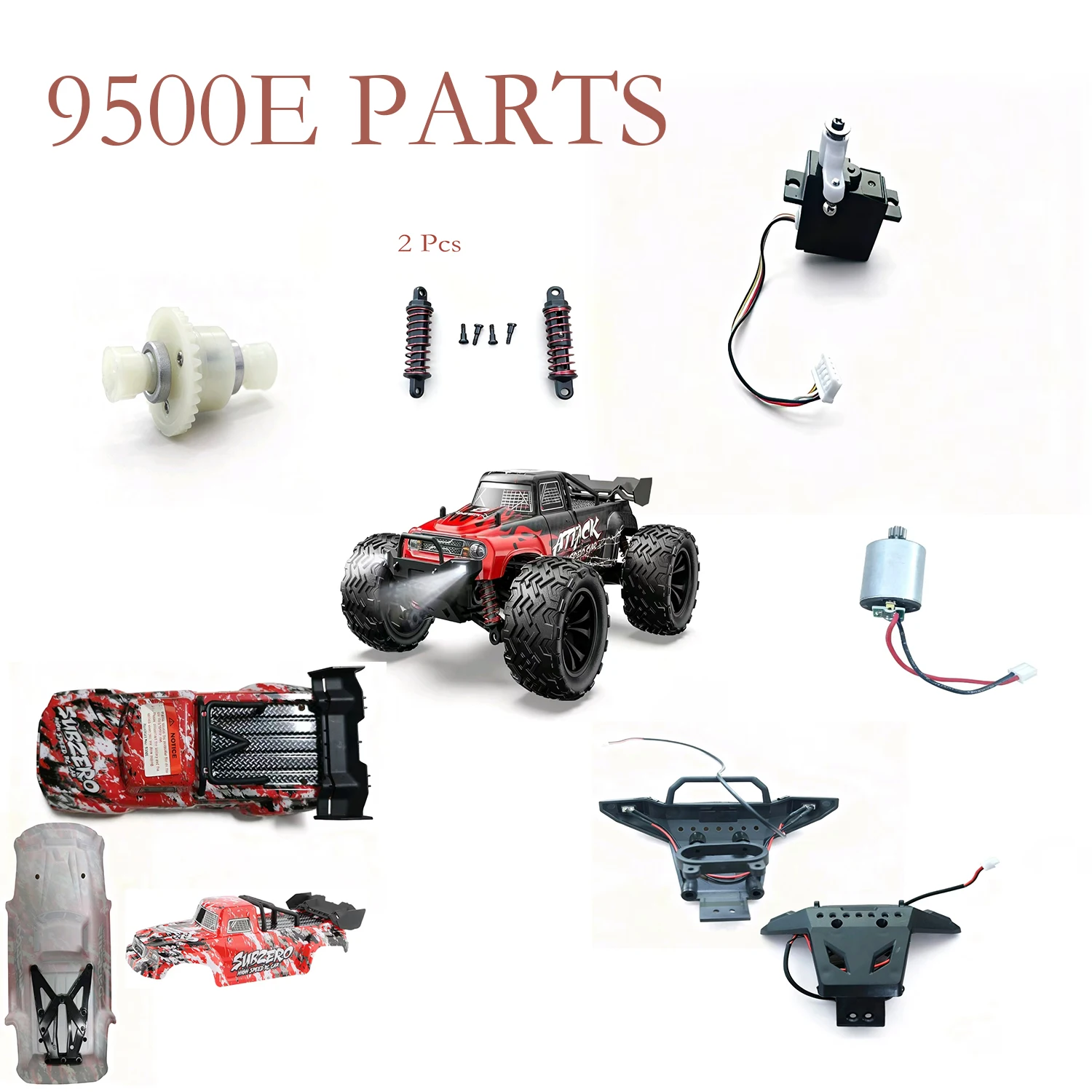 DEERC 9500E 9501E 1:16 RC モンスタートラック PXToys アクセサリー: ショックアブソーバー、フロントバンパー、サーボモーター、カーシェル、ディファレンシャル