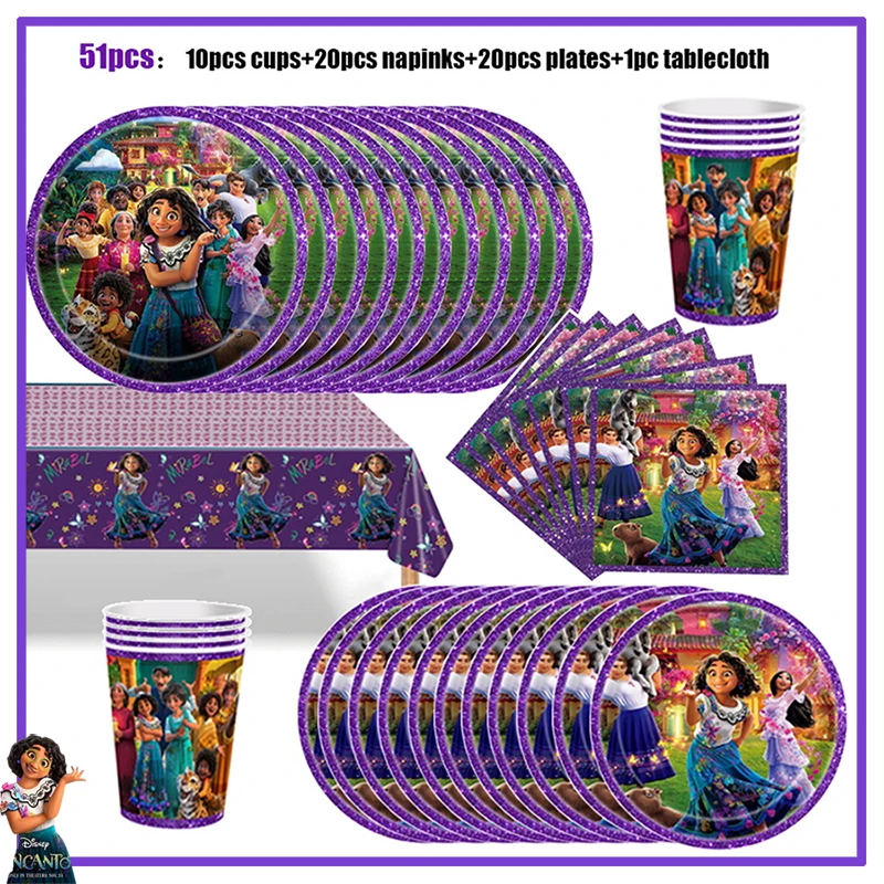 Disney Encanto Birthday Party Decoration Isabella Charm Purple Tableware Supplies Paper Cup Plate Napkin Balloon Kid Baby Shower