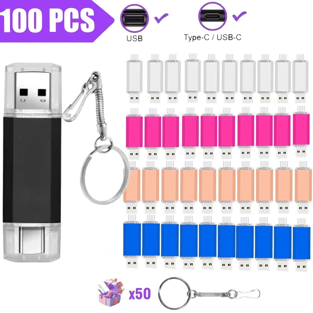 100pcs Type C USB Flash Drive 128GB 2 IN 1 USB2.0 Pen Drive 64GB 32GB 16GB 8GB Metal Pendrive Flash Drive Usb Флешка Free LOGO
