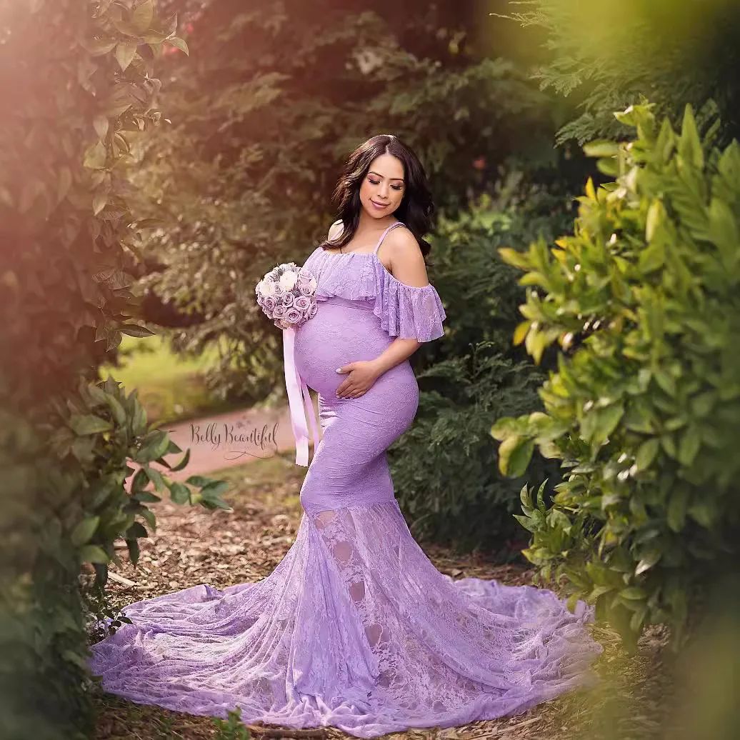

European & American Style Maternity Lace Gown - Photoshoot Dress with Floor-Length Train & Flutter Sleeves Photography Pregnancy