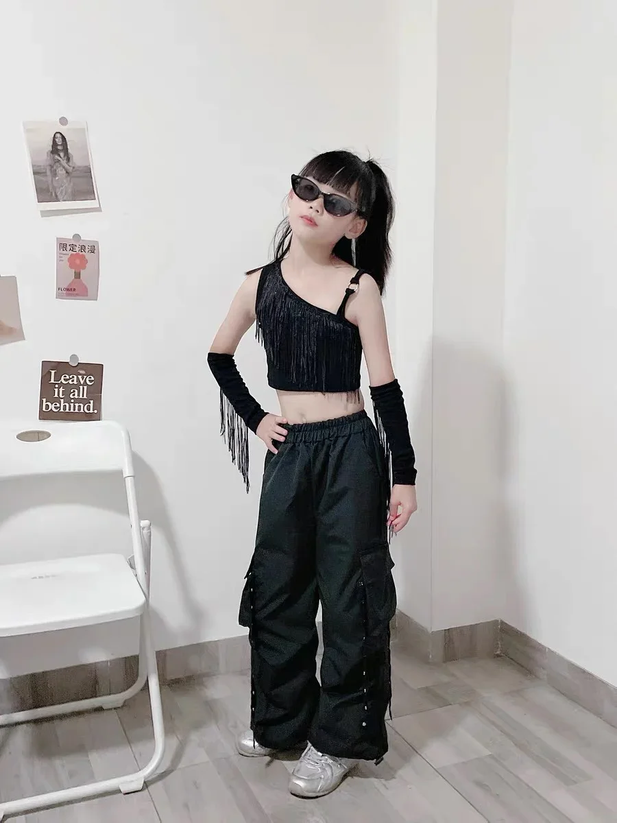 Girl Jazz Dance Performance Outfit with Tassel Sequins, Girl Group Crop Exposed Fashion Outfit, Street Dance Model Walking Set