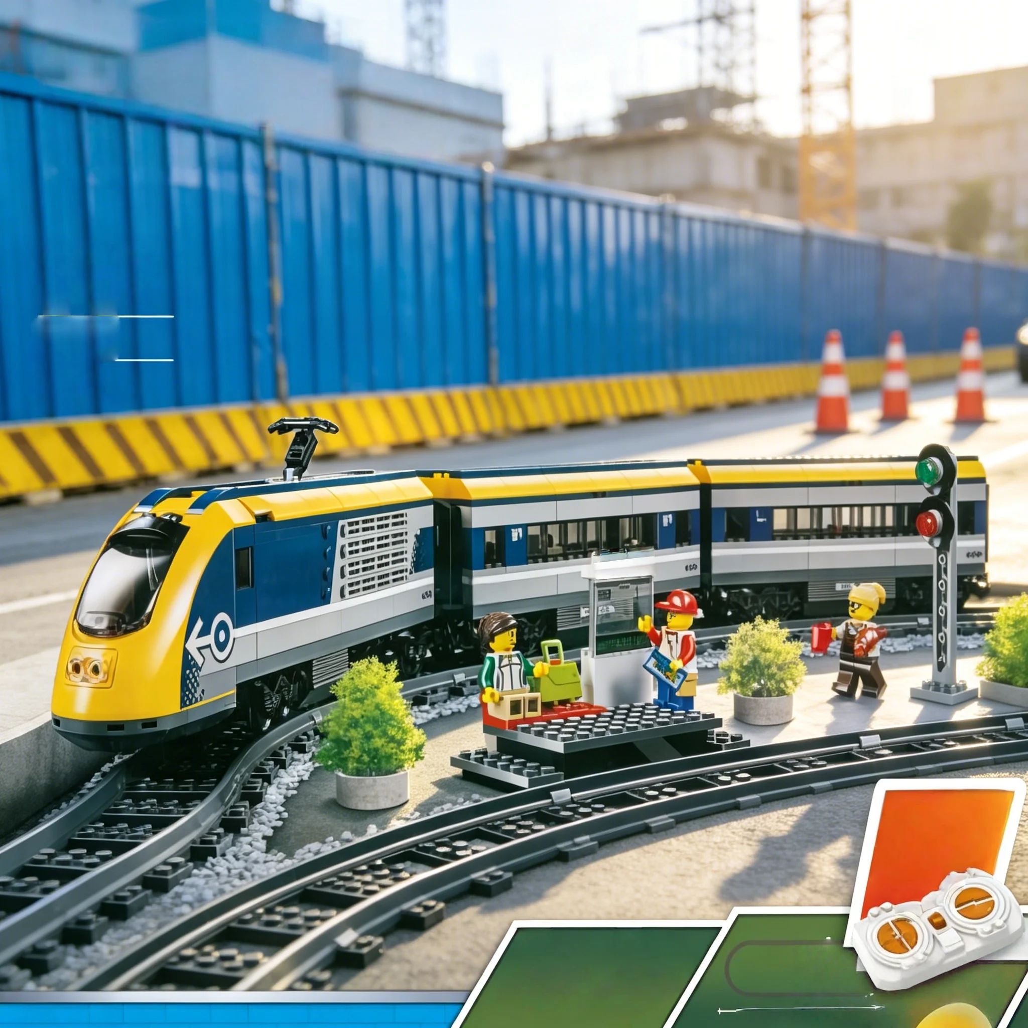 

Yellow Blue Passenger Train Model Kit with Tracks & Minifigures DIY Assembly Perfect Party Favor Gift for Kids Adults