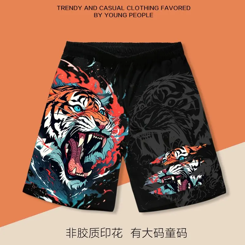 Calças de praia esportivas casuais soltas com estampa 3D em blocos de cores, com estampa de tigre rugindo vindo da montanha, para adultos e crianças
