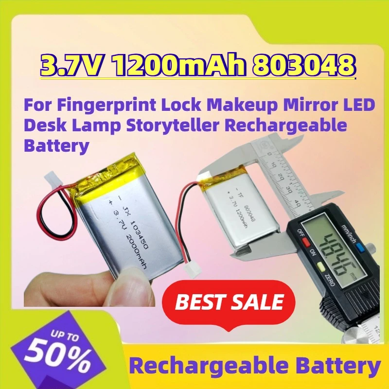 

Grade A 3.7V 1200mAh 803048 Li-Po Battery for Fingerprint Lock Makeup Mirror LED Desk Lamp Storyteller Rechargeable Battery