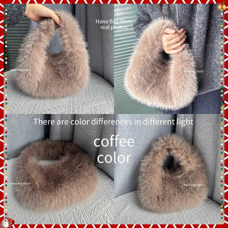 حقائب كتف شتوية كاجوال فروي للنساء بلون سادة من القطيفة الناعمة للسيدات حقائب يد خفيفة الوزن حقيبة هوبوس نسائية #4