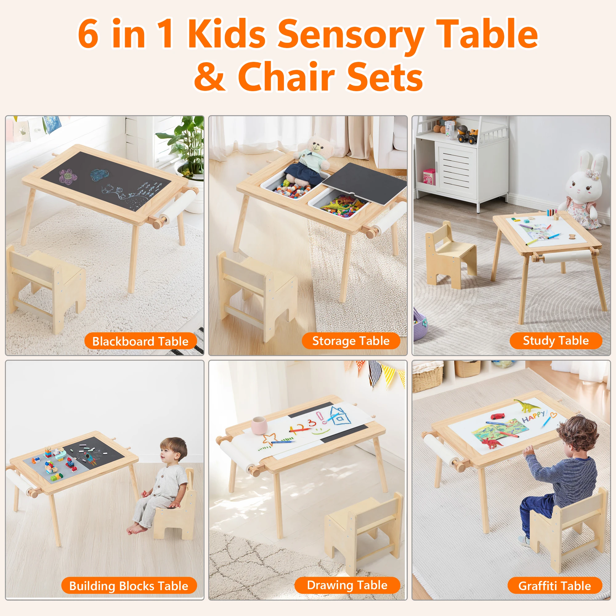 Kids Sensory Activity Table and Chair Set, Multi-Activity Graffiti Table with Sand & Water Bins, Building Block Bases and Storage