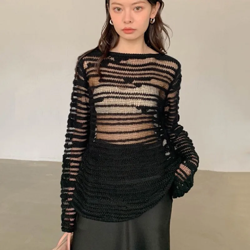 Karrcat Gothic Hollow Out Pullover Grunge Embroidery Knit Jumper Dark Aesthetic See Through Sweater Korean Fashion Streetwear