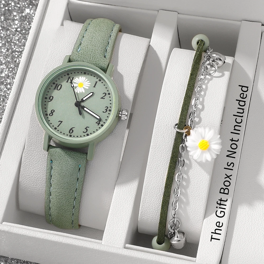 2PCS Women's Watch PU Leather Strap Quartz Watch and Daisy Bracelet Set Suitable for Daily Wearing