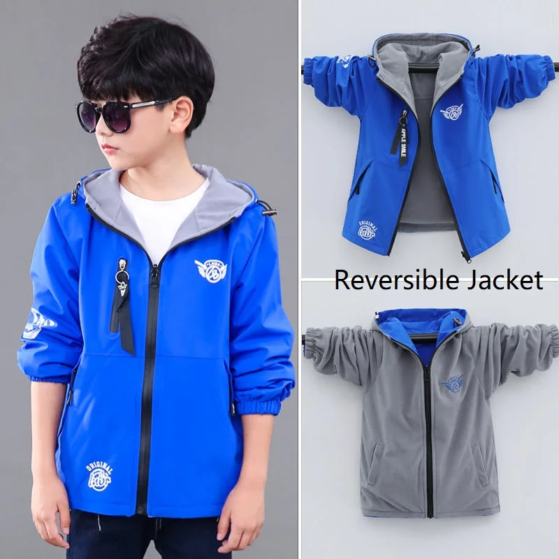 

Boys Waterproof Fleece Lined Drawstring Hooded Zip Reversible Hiking Jackets School Kids Outfit Tops Child Track Coats 3-16 Yr