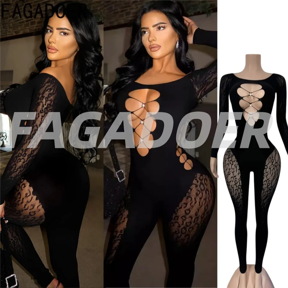 

FAGADOER Sexy Pearls Patchwork Bodycon Jumpsuits Woman See Through Hollow-out Long Sleeves Rompers Female Streetwear Overalls