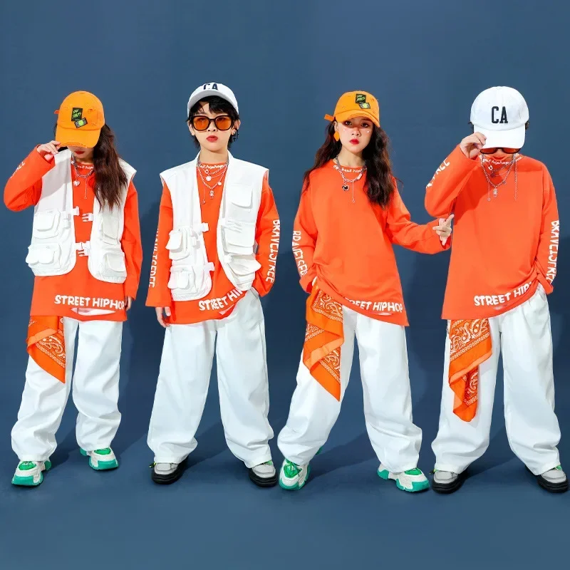 Kids Street Dance Hip Hop Clothing White Vest Orange Sweatshirt Baggy Pants Girl Boy Drum Jazz Performance Outfit Stage Costume