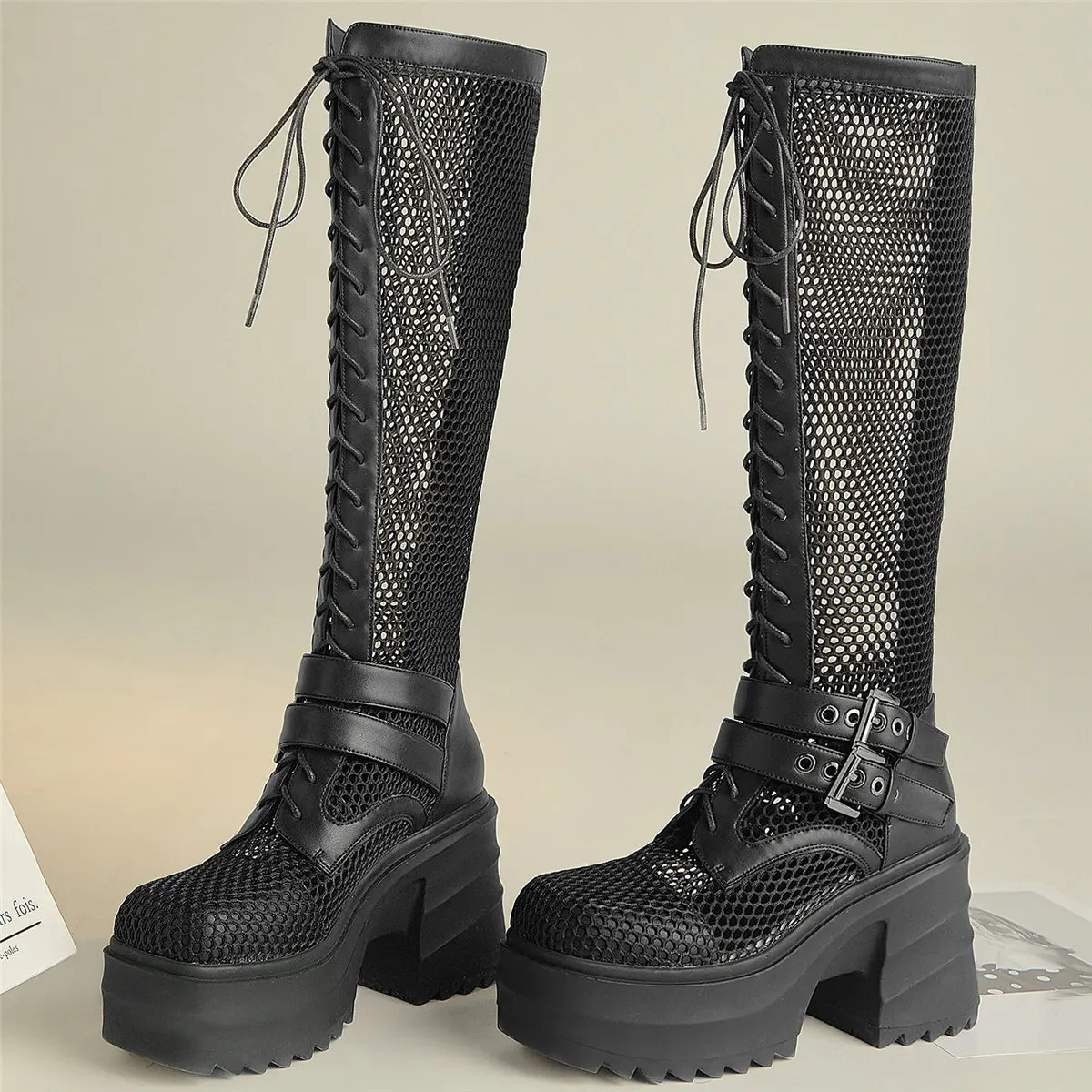 

2022 Platform Pumps Women Lace Up Genuine Leather High Heel Gladiator Sandals Female Mesh Round Toe Knee High Boots Casual Shoes