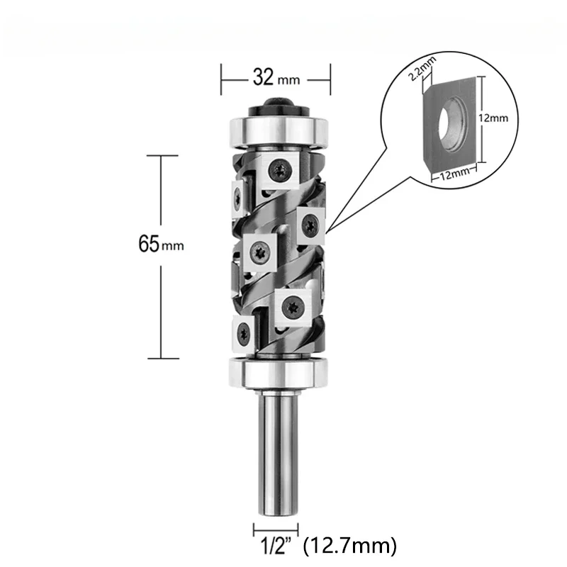 Heavy Duty Carbide Insert Flush Trim Router Bit Bearing with Coating 1/2 Inch Shank 32MM Cutting Diameter for Woodwork Trimming